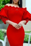 Red Casual Solid Patchwork Off the Shoulder Long Dress Dresses