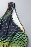Green Orange Sexy Casual Print Backless Oblique Collar Sleeveless Two Pieces