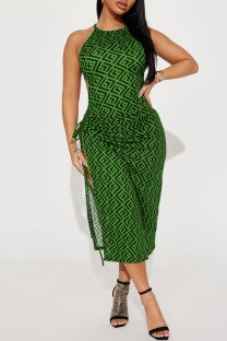 Green Casual Print Frenulum Slit O Neck Sleeveless Dress Dresses