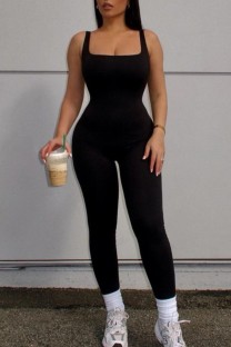 Black Sexy Casual Sportswear Solid Backless U Neck Skinny Jumpsuits