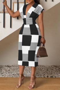 Black And White Casual Elegant Vacation Plaid Print Bandage Printing V Neck Wrapped Skirt Dresses