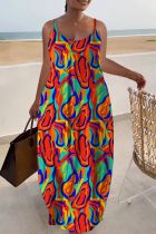 Tangerine Red Sexy Casual Print Backless Spaghetti Strap Long Dress Dresses