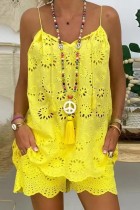 Yellow Casual Solid Hollowed Out Spaghetti Strap Sleeveless Two Pieces