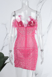 Pink Sexy Party Formal Hot Drilling See-through Beading V Neck Sheath Dresses
