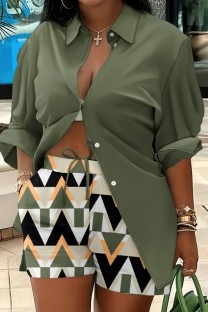 Army Green Casual Print Patchwork Turndown Collar Long Sleeve Two Pieces