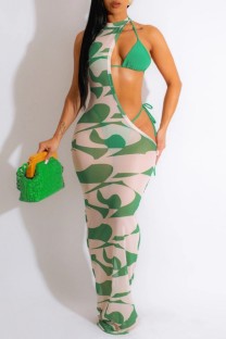 Green Sexy Print Hollowed Out See-through Backless Asymmetrical Half A Turtleneck Sleeveless Three Piece Set