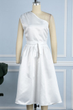 White Casual Solid Backless Oblique Collar Sleeveless Dress Dresses
