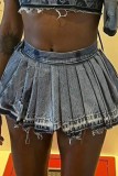 Blue Casual Solid Pleated High Waist Regular Denim Skirts