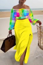 Yellow Casual Print Patchwork Slit Off the Shoulder Long Sleeve Two Pieces