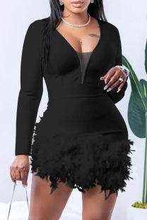 Black Sexy Casual Solid Patchwork Feathers V Neck Long Sleeve Romper