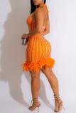 Orange Sexy Patchwork Hot Drilling Bandage Backless Sleeveless Dress Dresses