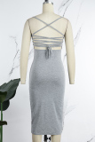 Grey Sexy Casual Solid Cross Straps Spaghetti Strap Sleeveless Dress Dresses