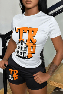 White Black Casual Letter Patchwork O Neck Short Sleeve Two Pieces