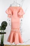 Pink Casual Solid Patchwork Off the Shoulder Long Dress Dresses