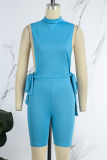 Blue Casual Solid Frenulum Turtleneck Sleeveless Two Pieces