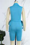 Blue Casual Solid Frenulum Turtleneck Sleeveless Two Pieces