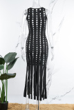 Black Sexy Casual Daily Solid Pierced Tassel Burn-out O Neck Wrapped Skirt Dresses
