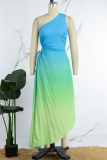 Turquoise Casual Gradual Change Print Hollowed Out Backless Pleated Oblique Collar Long Dress Dresses