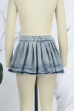 Blue Casual Solid Pleated High Waist Regular Denim Skirts
