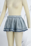 Blue Casual Solid Pleated High Waist Regular Denim Skirts