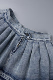 Blue Casual Solid Pleated High Waist Regular Denim Skirts