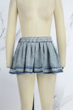 Blue Casual Solid Pleated High Waist Regular Denim Skirts