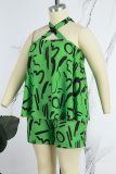 Green Casual Daily Mixed Printing Color Block Hollowed Out Printing Contrast Halter Sleeveless Two Pieces