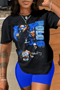 Blue Black Casual Print Patchwork O Neck Short Sleeve Two Pieces