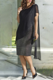 Black Sexy Color Block Sequins O Neck One Step Skirt Dresses
