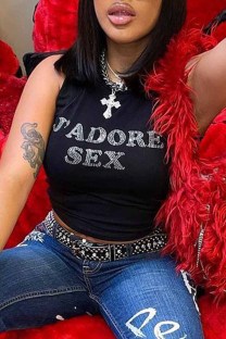 Black Street Letter Hot Drill O Neck Tops