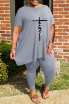 Grey Casual Print Basic O Neck Plus Size Two Pieces