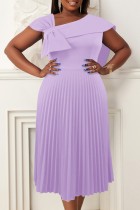 Light Purple Casual Solid Patchwork Oblique Collar Pleated Dresses