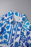 Blue Casual Print Patchwork Shirt Collar Long Sleeve Two Pieces