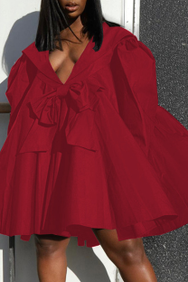 Red Sweet Solid Patchwork Buttons With Bow V Neck Straight Dresses
