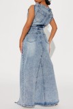 Sky Blue Casual Solid Slit Off the Shoulder Sleeveless Two Pieces