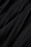 Black Casual Solid Frenulum Pleated O Neck Long Dress Dresses