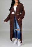 Coffee Casual Street Solid Slit Cardigan Weave Outerwear