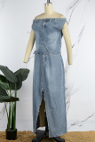 Sky Blue Casual Solid Slit Off the Shoulder Sleeveless Two Pieces