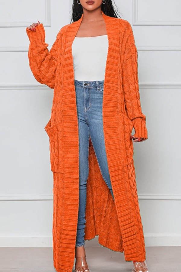 Orange Casual Street Solid Slit Cardigan Weave Outerwear