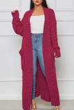 Burgundy Casual Street Solid Slit Cardigan Weave Outerwear