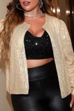 Champagne Casual Patchwork Sequins Cardigan Plus Size Overcoat