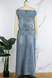 Sky Blue Casual Solid Slit Off the Shoulder Sleeveless Two Pieces
