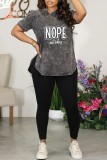 Dark Gray Casual Letter Print Basic O Neck Short Sleeve Two Pieces