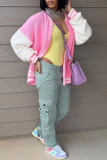 Pink Casual Solid Patchwork Contrast Outerwear