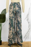 Khaki Casual Print Patchwork Regular High Waist Conventional Full Print Trousers