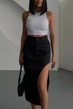 Blue Casual Solid Slit High Waist Skinny Denim Skirts