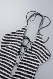 Black White Sexy Striped Bandage Patchwork Backless Halter Sling Dress Dresses