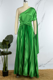 Green Casual Solid Fold Oblique Collar Long Dress Dresses