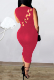 Red Sexy Solid Hollowed Out Strap Design O Neck One Step Skirt Dresses
