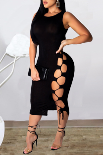 Black Sexy Solid Hollowed Out Strap Design O Neck One Step Skirt Dresses